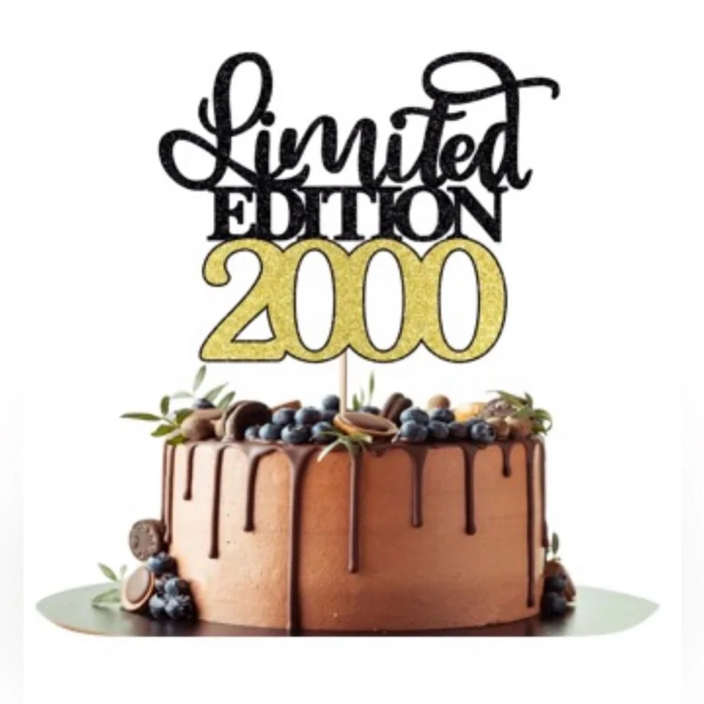 Limited Edition 2000 Cake Topper - Black and Gold Glitter Party Decoration